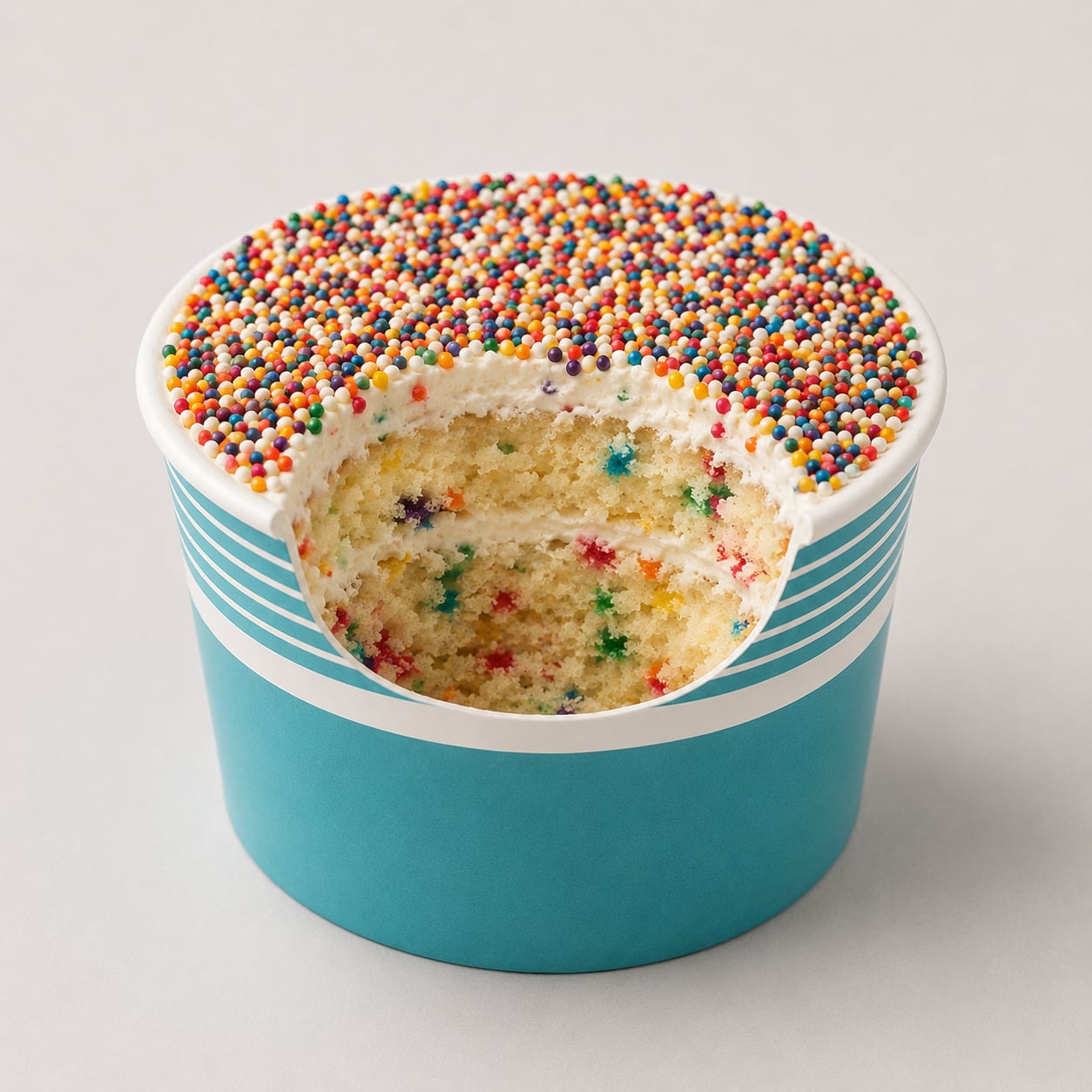 Cross-section of a Sprinkle Cake showing layers of funfetti cake and frosting beneath the rainbow nonpareil sprinkle top