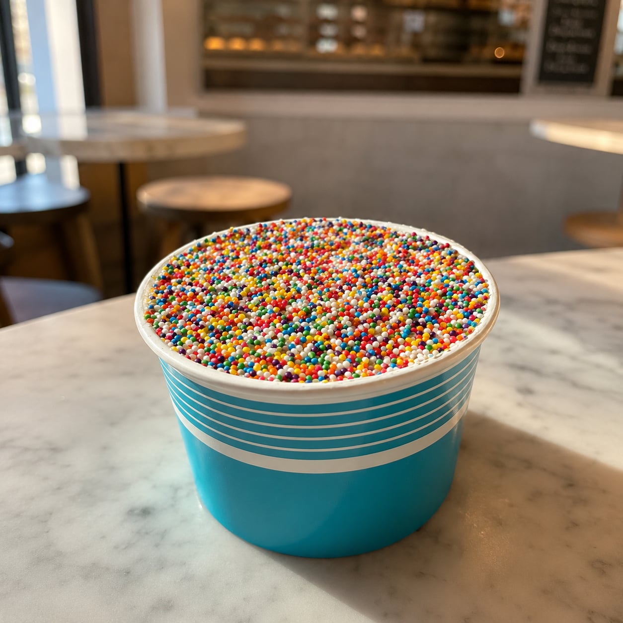 A Sprinkle Cake on a marble café table inside a Plate of Cake shop, topped with rainbow nonpareil sprinkles