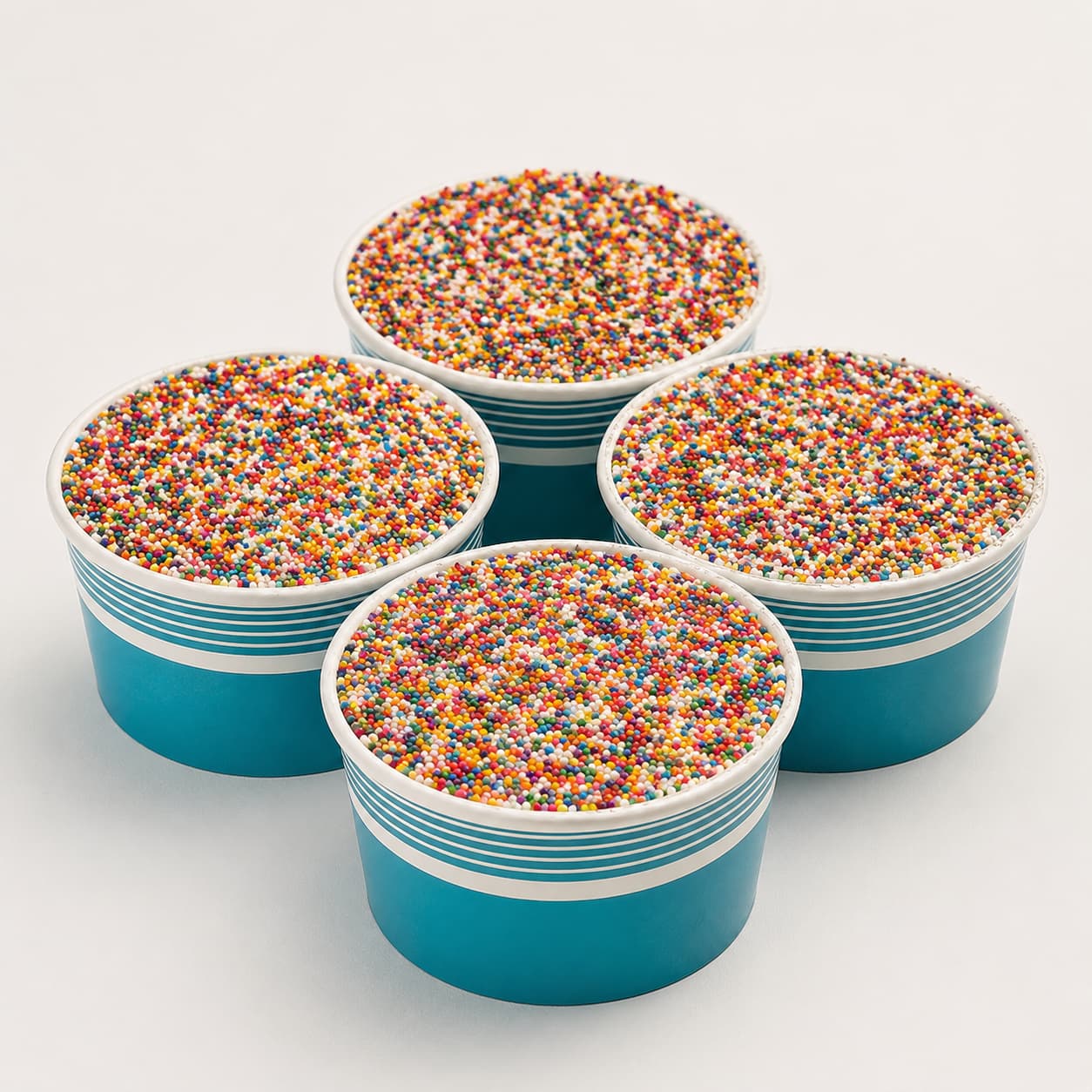 A Sprinkle Cake 4-Pack — four teal-and-white striped cups, each domed with rainbow nonpareil sprinkles
